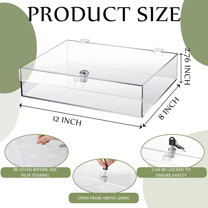Clear Acrylic Locking Display Case with Keys Large Medication Lock Box Snack Fridge Lock Acrylic Figure Display Case Storage Box for Collectibles Figures Jewelry Toy (12" X 8" X 2.76")