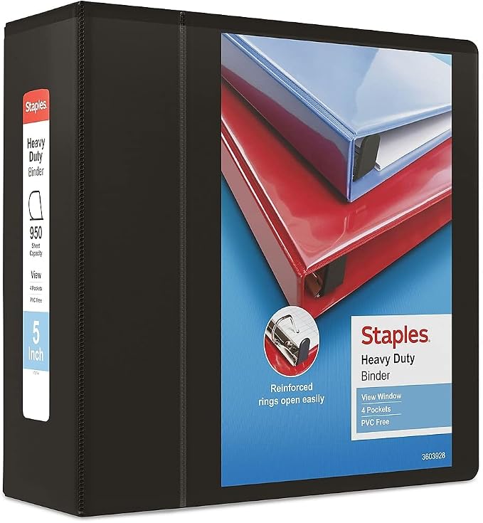 Staples Heavy-Duty 5-Inch D-Ring View Binder, Black – Maximum Capacity 3-Ring Binder for Archiving & Storage