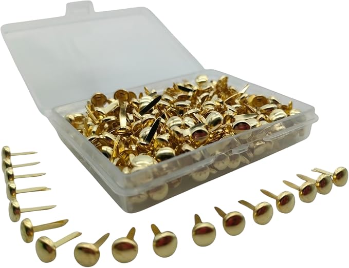 LLY 300 Pieces 6mm Round Gold Brads, Paper Fasteners Metal Brads with Storage Box, Paper Brass Fasteners for Paper Crafts, Scrapbooking, Paper Decoration, DIY Art, Card Making, (Gold 6mm x 12 mm)