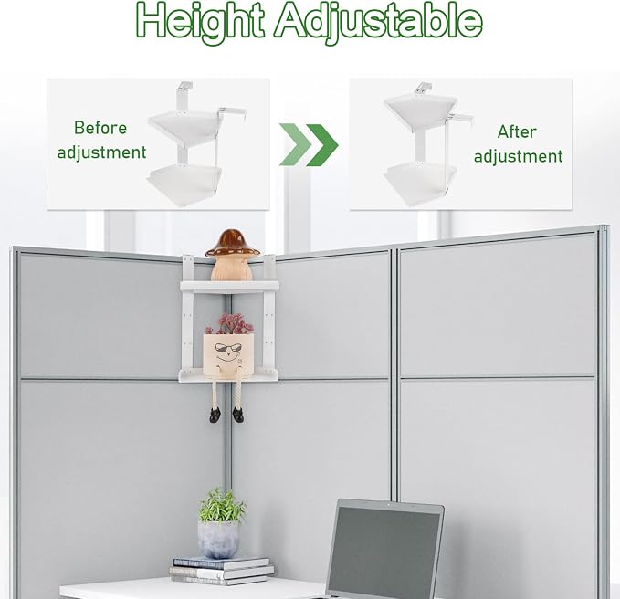 Office Cubicle Shelf, Double Layer Cubicle Storage with Adjustable Hooks | Shelf Organizer Accessories, Height Adjustable Hanging Corner Shelf Store for Plant, Book, Photo Frames, Paper Towel, White