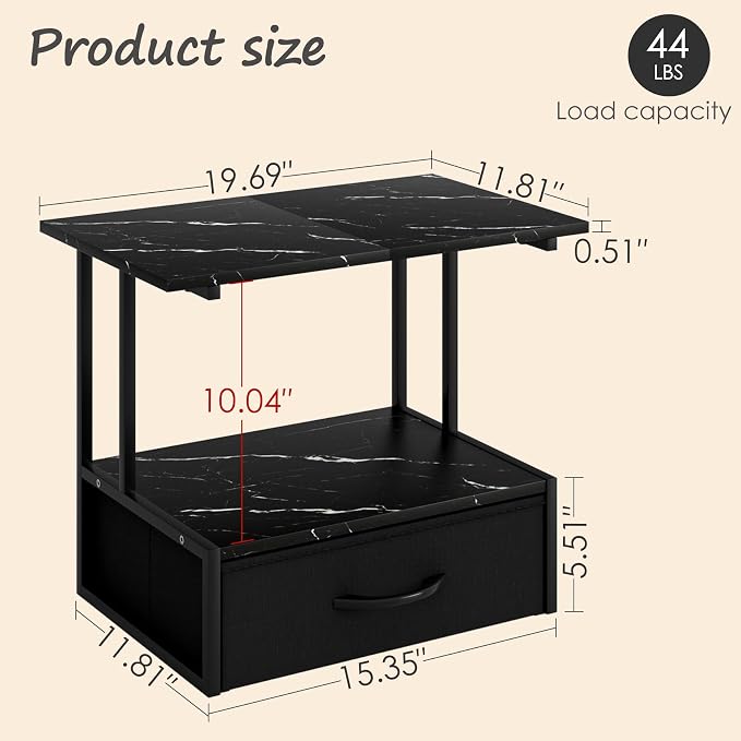 Masupu Printer Stand for Desk, Printer Table with Fabric Storage Drawer, 2 Tier Desktop Shelf, Multi-Purpose Desk Organizer for Home Office, 3D Printer, Fax Machine, Scanner, Marble Black
