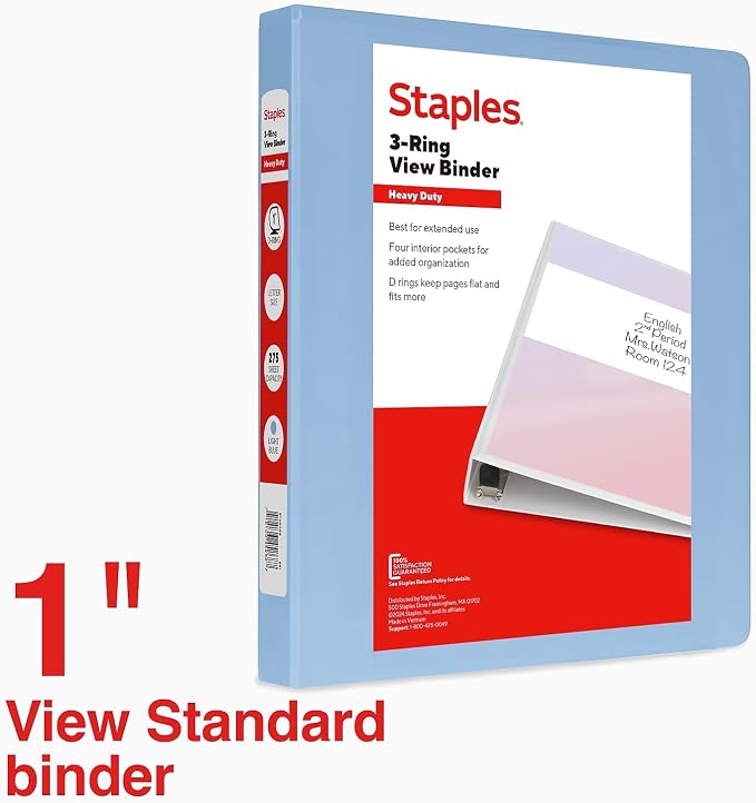 Staples Heavy-Duty 1-Inch 3-Ring View Binder, D-Ring, Light Blue | Durable binder for everyday school and office document organization.