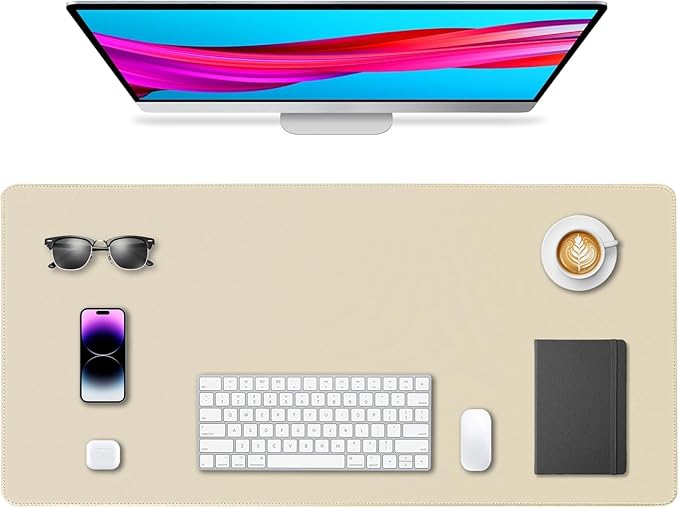 Leather Desk Pad Protector, Office Desk Mat, Large Mouse Pad, Non-Slip PU Leather Desk Blotter, Waterproof Computer Desk Writing Pad for Office and Home (Beige, 36" x 17")