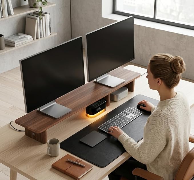 Walnut Dual Monitor Stand Riser - 43.3" Extra Long Wooden Monitor Stand for 2 Monitors, Desk Shelf Organizer for iMac, Laptop & Ultrawide Displays, Natural Wood Grain