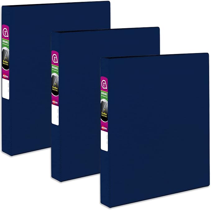 Avery Durable 3 Ring Binder, 1 Inch Slant Rings, 3 Blue Binders (27251) | For Daily School, Home and Office Use, DuraHinge Tear-Resistant Spine, DuraEdge Split-Resistant Sides, Interior Pockets