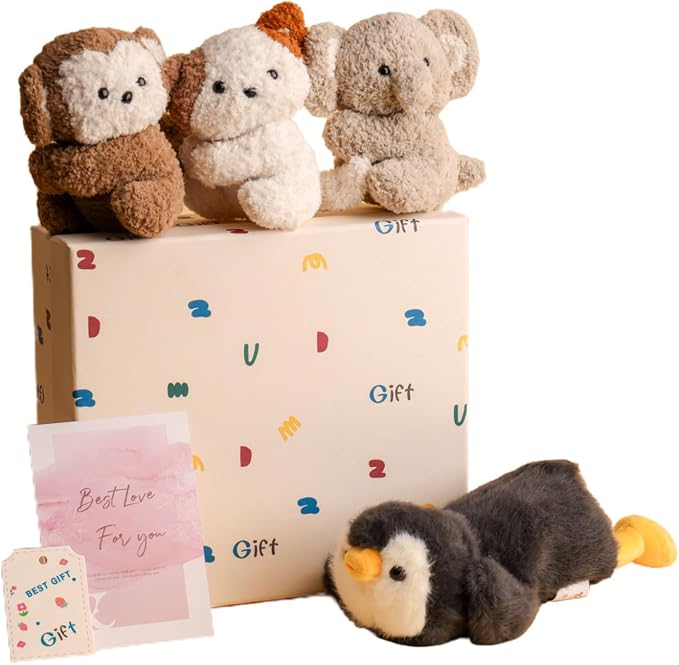 Cute Animal Plush Gift Set-Penguin Wrist Rest & 3 mini Plush Clips(Monkey,Dog,Elephant) Kawaii Cozy Desk Decor for Office, Study, Home,Gift Box Included