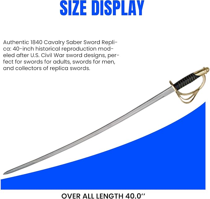 SZCO 40" 1840 Cavalry Saber Sword – Civil War Sword Replica with Black Handle & Gold Wire Wrap, Brass Guard & Pommel, Curved Steel Blade & Metal Scabbard for Collectors, Reenactments & Display