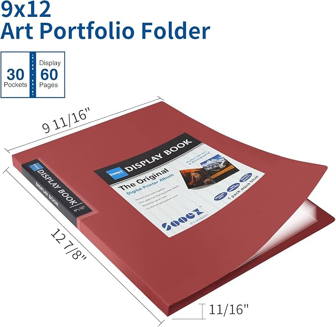 Sooez 30-Pocket Binder with Plastic Sleeves 9x12, Heavy Duty Art Portfolio | Folder with Clear Sheet Protectors, Display 60 Pages, Presentation Book for Artwork, Document Organizer Binder, Red
