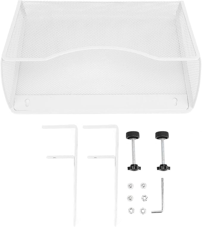 Asixxsix Under Desk Drawer, Desk Side Storage, Hanging Desk Organizer, Clamp On Desk Organizer, Mesh Metal Desk Drawer, Side Desk Organizer for Office and Home (White)