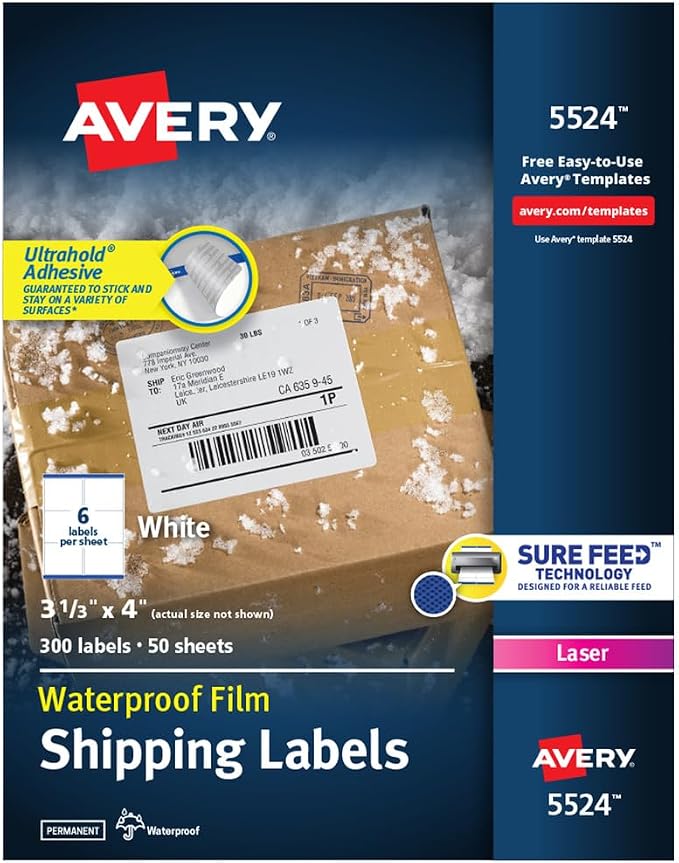 Avery Durable Waterproof Shipping Labels with Sure Feed Technology, 3-1/3" x 4", White, Laser Compatible, 300 Blank Labels per Pack, Great for Mailing, Branding, and More (5-Pack of 5524)