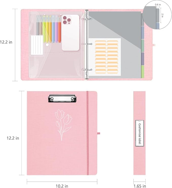 3 Ring Binder, 1 Inch Linen Binders Organizer for Letter Size (8.5" x 11") Paper with 5-Tabs Pockets Dividers, BVSSX Leather Three Ring Binders with Clipboard, Plastic Folder, Pen Loop - Pink Tulips