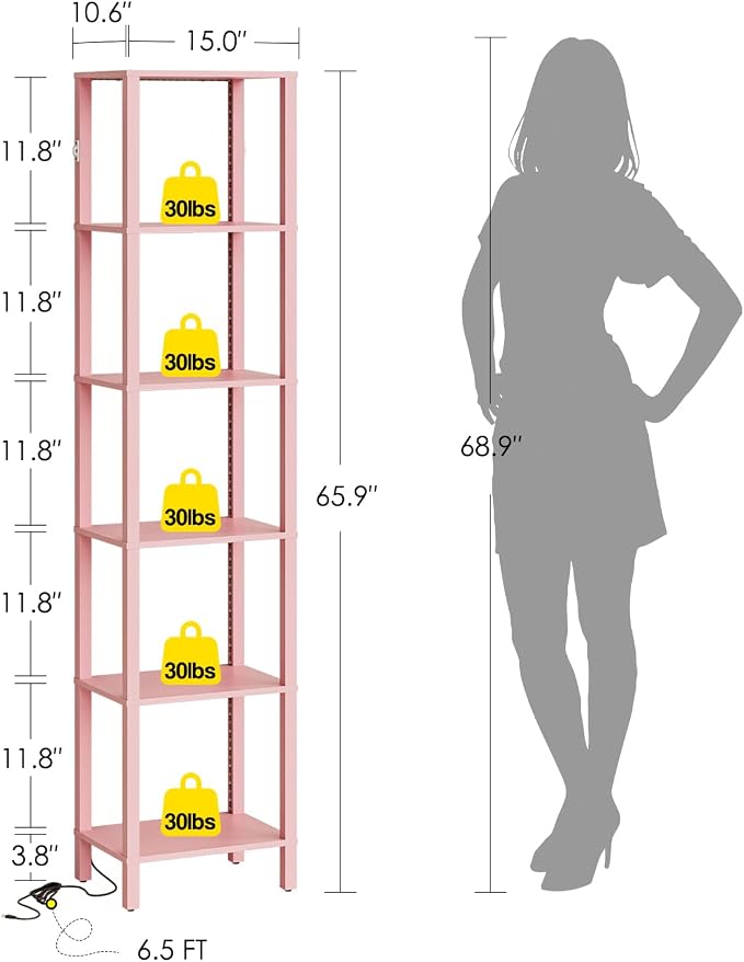 Open Book Shelf with LED Lights, 6 Tier Tall Bookshelf, Freestanding Shelf Narrow Bookcase with Open Shelves, 14.57" x 10.63" x 65.83", Book Shelves for Living Room, Office, Study, Pink
