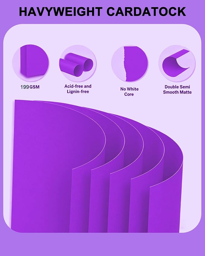 Veritas Purple Colored Cardstock, 8.5" x 11" Colored Card Stock, 110LB/199GSM Printer Paper, 100 Sheets, Colored Multi-Purpose Purple Paper, Made in USA
