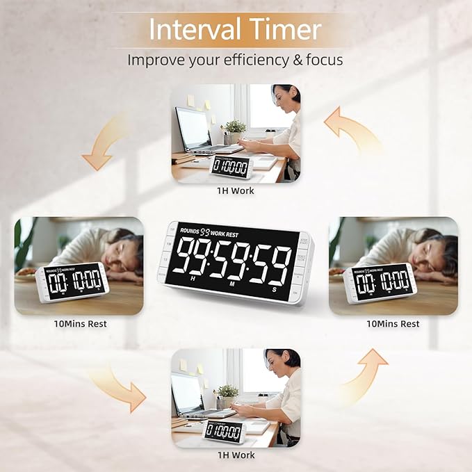7.8'' Extra Large Rechargeable LED Kitchen Timer - 99H Countdown/Countup, 3 Brightness, 5 Alarms, 4 Volume Levels | Magnetic Large Timer for Cooking, Classroom, Home Gym