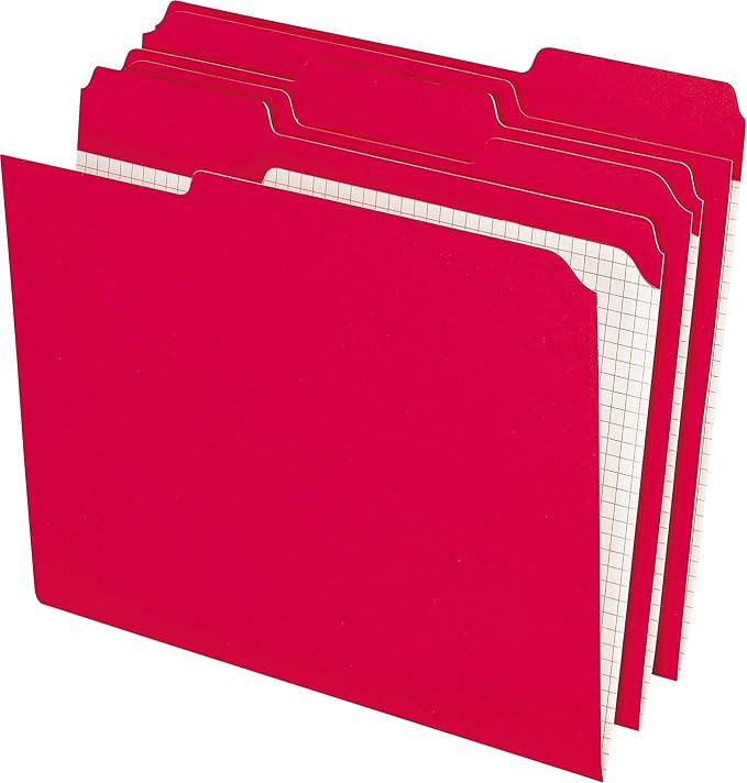Pendaflex Colored File Folders, Letter Size, 1/3 Cut Tab, Red | Reverse any folder and the printed interior grid becomes a writing panel. Reinforced tabs, 100 per box, made in the USA.