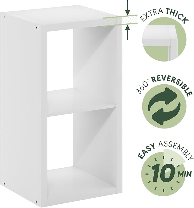 Furinno Cubicle Book Shelf, 2-Cube Bookshelf, Extra Thick Frame Horizontally & Vertically Reversible Bookcase with Open Back, 14.6 x 16 x 30, for Living Room, Bedroom, Home Office, Plain White