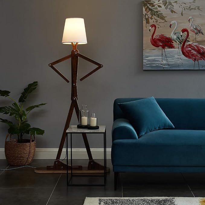 Unique Tall Reading Wood Floor Lamp, LED Bulb Included, Teak | Cool Decorative Corner, Rustic Swing Arm Standing Lighting for Kids Bedroom, Living Room, Dorm, Office, Farmhouse