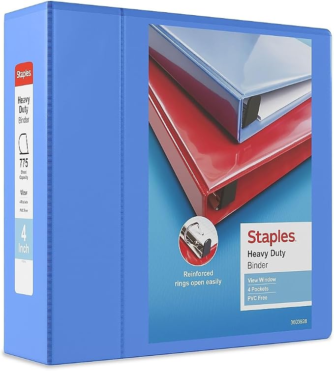 Staples Heavy-Duty 4-Inch 3-Ring View Binder with D-Rings, High-Capacity Binder for Office & School Storage, Periwinkle