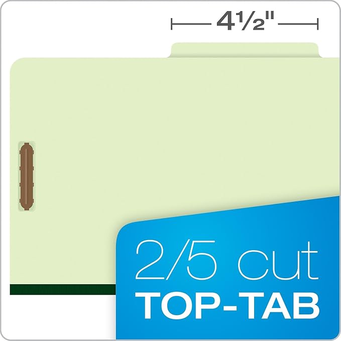 Pendaflex Pressboard Classification File Folders, 2 Dividers, 2" Embedded Fasteners, 2/5 Tab Cut, Legal Size, Light Green, Box of 10 (17176EE)