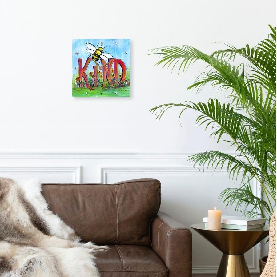 3dRose Wall Clock Silent - 13 inch - Bee Kind Painting - Quotes