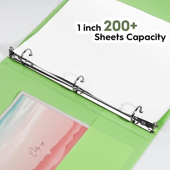 COMIX Sturdy Standard 1 Inch 3 Ring Binder with Clear View Cover | 1"Round Ring,PVC-Free Board,Holds 200 Letter Sheets,Morandi Multicolor for Students & Office,6 Pack (Light Green)