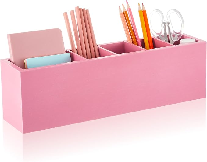 Jetec Wooden Pencil Pen Holder for Desk 6 Compartments Cosmetic Makeup Brush Stationery Office Desktop Organizers for Countertop Adjustable Silverware Caddy for Party, Art Supplies,Home(Pink)
