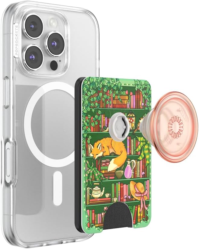 PopSockets Phone Wallet for MagSafe with Grip- Stored Shelves | PopWallet, Holds 3 Cards, Magnetic, Removable, Secure, Bookish, Book, Reading