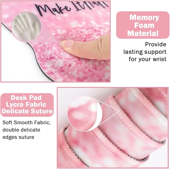 4-in-1 Gaming Mouse Pad Wrist Support Set，Desk Pad + Mouse Pad with Wrist Rest + Keyboard Wrist Rest + Coaster, Ergonomic Design for Home Office Study Game - Pink Stay Positive