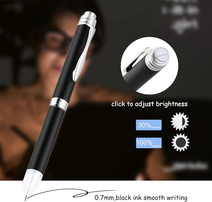 Penyeah Lighted Tip Pen, LED Light Pen for Writing In The Dark, 2-Brightness Adjustable AAA Battery Powered Heavy Pens Fancy Gift Pen Set - White Light/Blue Light