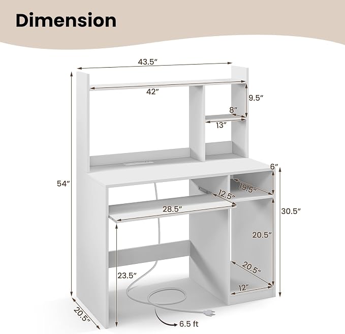 GIANTEX Computer Desk with Hutch, 43.5 Inch Home Office Desk with Keyboard Tray & Charging Station, Laptop PC Table for Workstation, Modern Study Writing Desk for Small Space, Bedroom, White