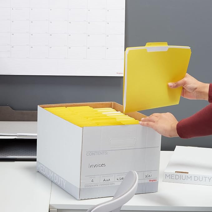 STAPLES Storage & Filing Box, Letter Size, Stackable, 12-Pack, White/Gray | Medium-duty boxes with handles and removable lid for document storage.