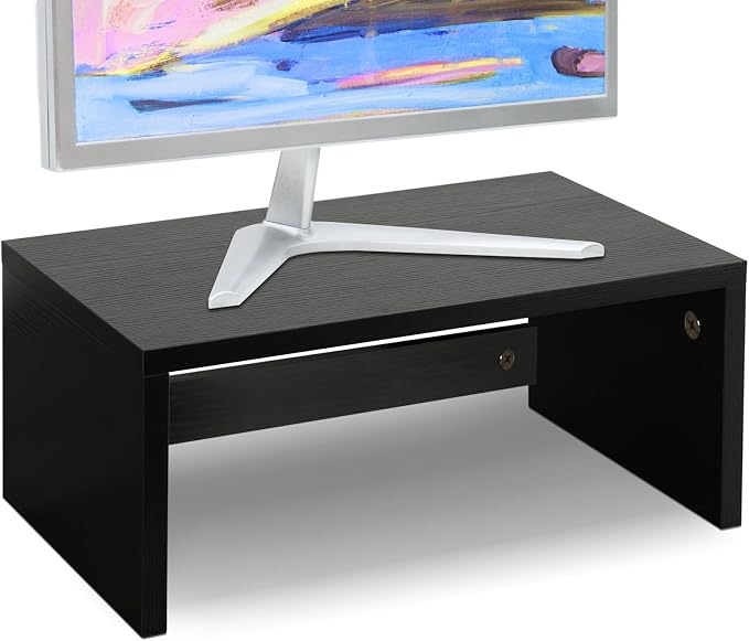TEAMIX 6.7 inch Tall Monitor Stand Riser, Wood Shelf Riser, Desk Organizer | Laptop/Printer/Computer Stand, Extra Storage Underneath, Minimalist, Modern Design, Smooth Black Finish, for Home Office