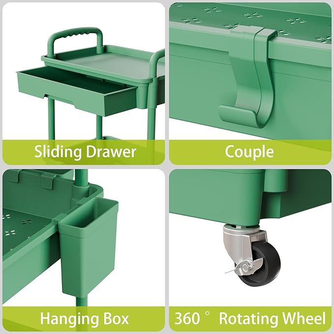 Sorgion 3 Tier Rolling Cart Organizer,Laundry Room Bathroom Organizers and Storage Office Shelves Mobile Shelving Unit Kitchen Trolley Cart with Wheels for Art,Craft,Diaper,Bedside,Snack(Green)