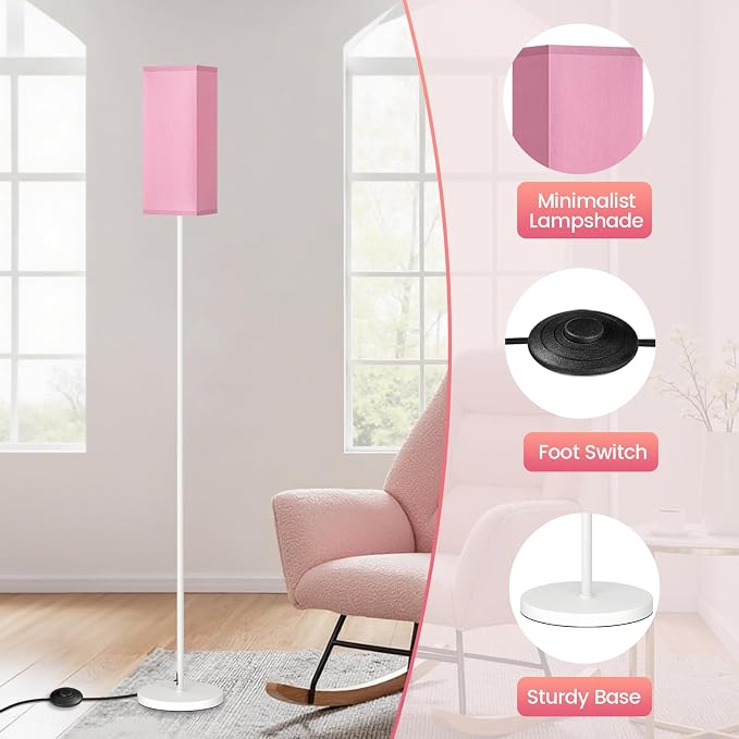 64.6" Floor Lamp, Pole Lamp with Foot Switch, Modern Standing Lamp Shade, Minimalist Freestanding Lamp (Bulb Not Included), for Living Room, Bedroom Office ETL Listed,White and Pink WP07LD05