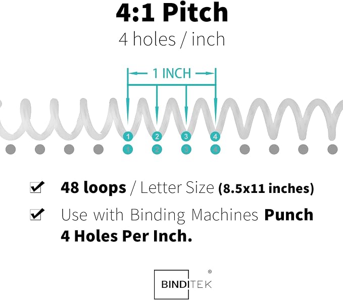 Binditek Plastic Spiral Binding Coils, 12 mm, 4:1 Pitch, White, 50 Pack | Coil Binding Spines, 1/2", 90 Sheet Capacity, 48 Loops, for Letter-Size Reports, Presentations, School and Office Projects