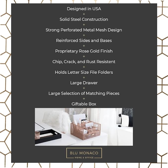BLU MONACO Large Rose Gold Desk Organizer | 12-Compartment Metal Mesh Desktop Organizer with Drawer | Office Supplies & File Holder for Home Office, Workspaces, Vanity & Craft Storage