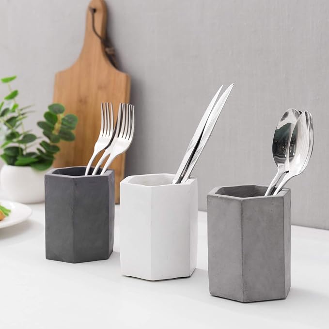 MyGift Set of 3 Cement Decorative Hexagon Multi-Colored Desktop Pen Holder and Pencil Office Supply Stationary Storage Cups (White, Gray, Black)