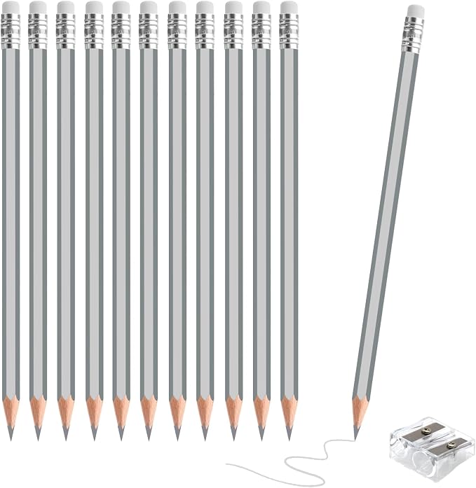 12 PCS Silver Colored Pencils with Eraser Pre Sharpened Pencil 2 HB - Ideal for Checking, Grading, Tests & Office/School Supplies (Silver)