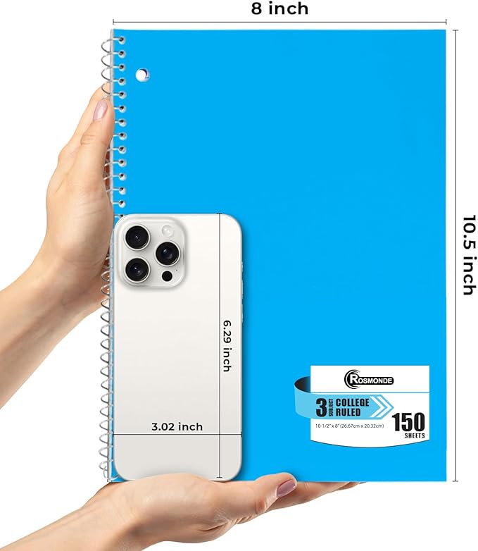 Rosmonde 24 Pack 3 Subject Spiral Notebook College Ruled Bulk, Thick Paper, Extra Pages - 300 Pages (150 Sheets), 8 x 10-1/2", Bulk Spiral Journal for School, 3 Hole Punched, Bulk Subject Notebooks