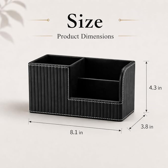 Desk Pen Organizer Office Supplies Caddy Pu Leather Multi-function Storage Box Pen/Pencil,Cell phone, Business Name Cards Remote Control Holder (Black)