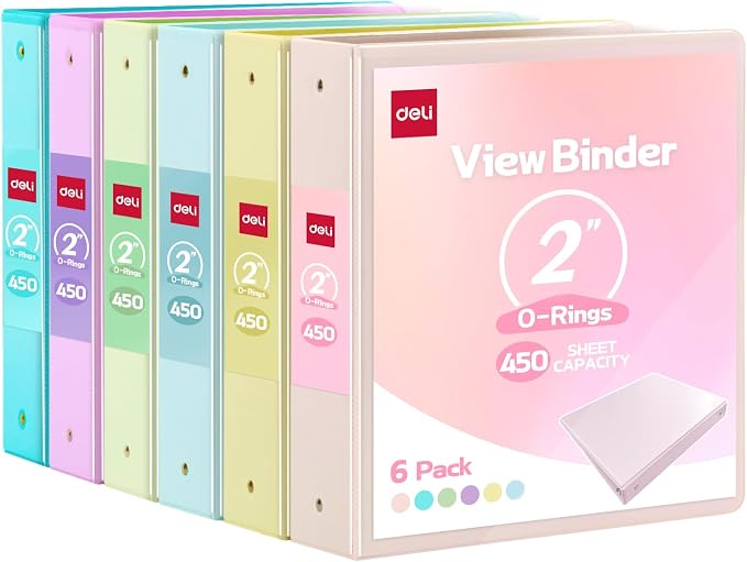 deli 2-inch 3 Ring Binder 6 Pack,11" x 8.5" US Letter Size | 2 inch Binders with 2 Interior Pockets, 450 Sheets Capacity,Assorted 6 Pastel Colors