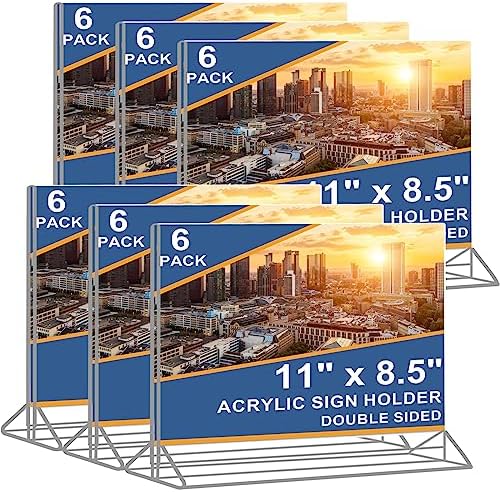 Horizontal Acrylic Sign Holder 8.5 x 11 - Double Sided T Shape Menu Table Stands, Plastic Paper Flyer Display Stand, Clear Picture Photo Frames for Wedding, Office, Store, Restaurant (6 Pack)