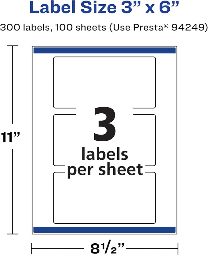Avery® Matte White Rectangle Labels, Sure Feed® Technology, 3" x 6", 300 Matte White Printable Labels