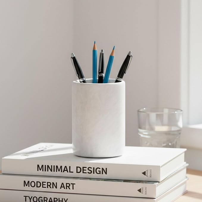 Radicaln Marble Pen Holder For Desk 4" Inches White Handmade Marker & Pen Holder for Desk Organizer, Ideal Marble Toothbrush Holder & Pencil Holder For Home Decor