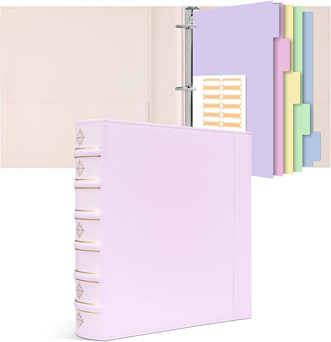 Ospelelf Leather 3 Ring Binder 2 Inch, Vintage D Ring Binder with Pockets and 5 Tab Dividers, Hardback Book Style Document Organizer Fits Letter Size for Home and Office Pink