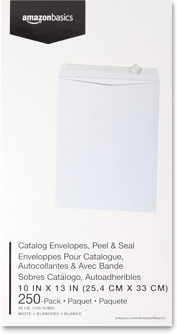 Amazon Basics Catalog Self Seal Envelopes for Documents, Booklets, Mailers, 10x13 Inch, 28 lb, White, 250-Pack