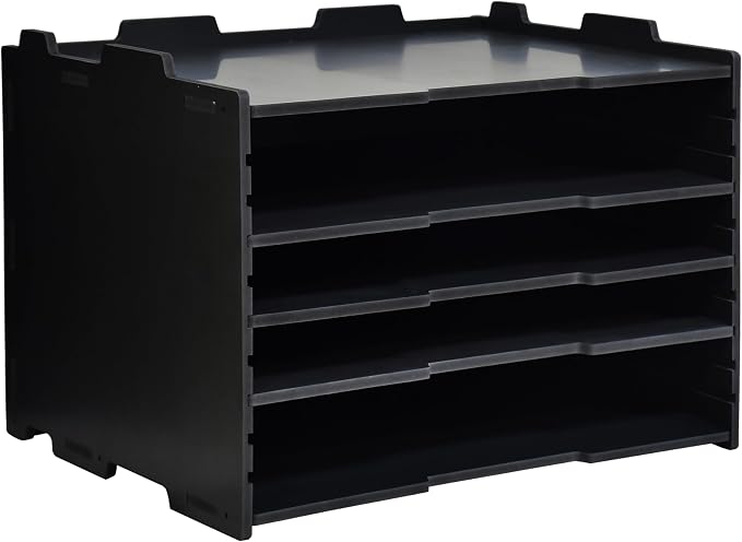 4 Tier Adjustable Shelves Office Desk Organizer,Wooden Desk File Organizer, Letter Tray, Document Letter Mail Tray Sorter, White/Black (Black-4tray(with 3 Adjustable Shelves))