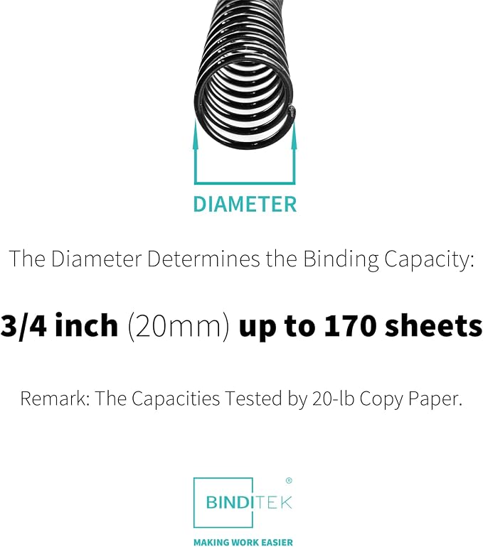 Binditek Plastic Spiral Binding Coils, 20 mm, 4:1 Pitch, Black, 50 Pack | Coil Binding Spines, 3/4", 170 Sheet Capacity, 48 Loops, for Letter-Size Reports, Presentations, School and Office Projects