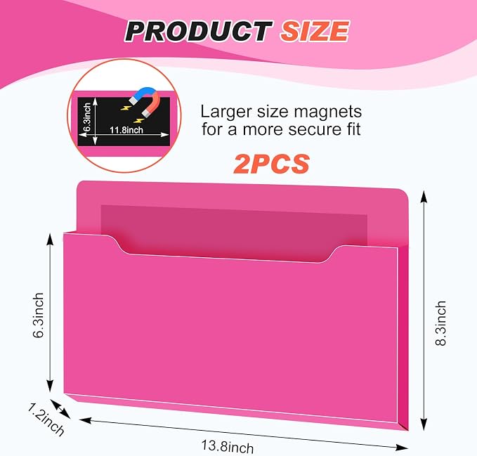Feifeiya 2 Pcs Magnetic File Folder Wall Hanging Holder Large Pocket Paper Magazine Mail Organizer for Refrigerator Classroom Locker Whiteboard(Horizontal,Rose Red,13.8 x 8.3 Inches)