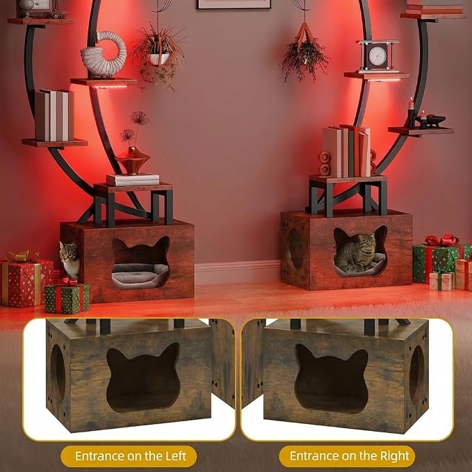 DWVO Tall Bookshelf with LED Light | Artistically Designed Moon Arched Bookcase, Cats Litter Box, Corner Display Shelf, For Home Office, Bedroom